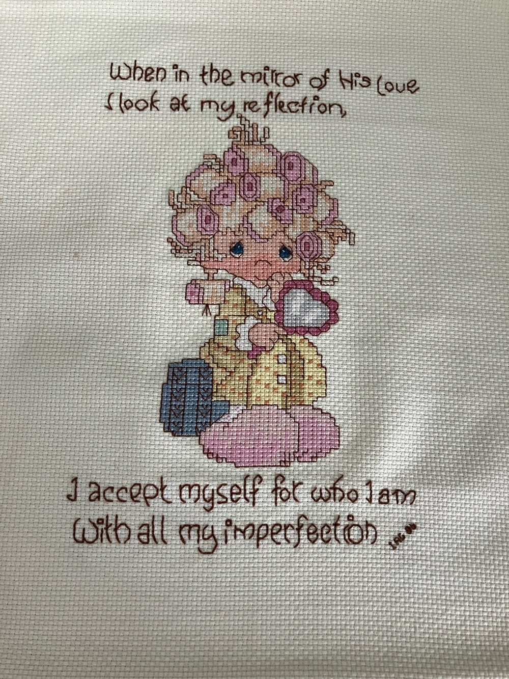 Vintage Inspirational Pink and Yellow‎ Cross Stitch Girl with Mirror